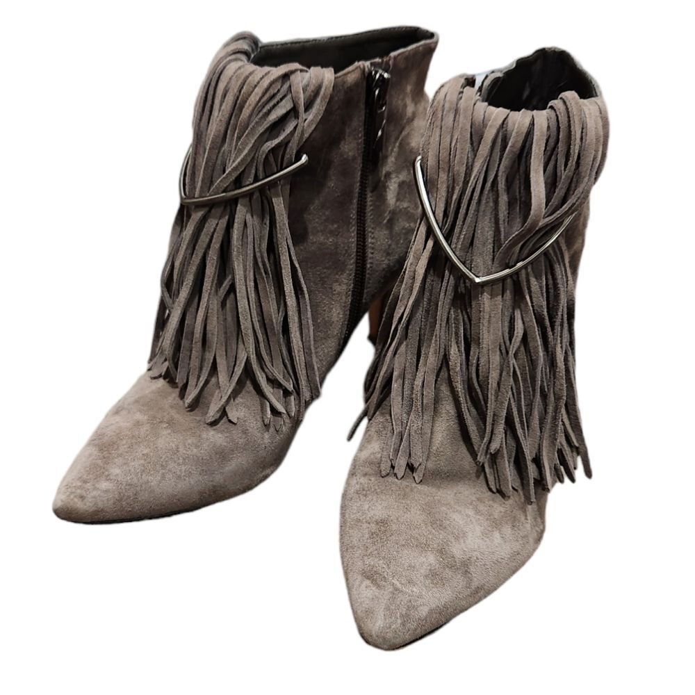 Brian Atwood Fringe Trim Accent Lace-Up Ankle Suede Gray Booties Size 7.5